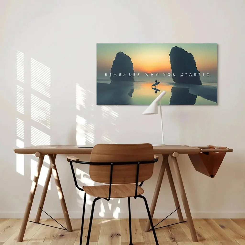 Lifestyle view showing the inspiring aesthetic of the Action Sports - Remember Why You Started canvas mounted in a modern office setting.