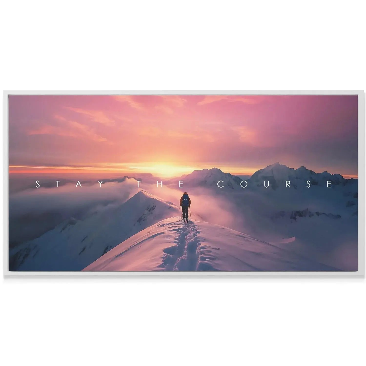 Dramatic pink and purple sunset reflecting off the pristine white snow, captured in the print Action Sports - Stay The Course.