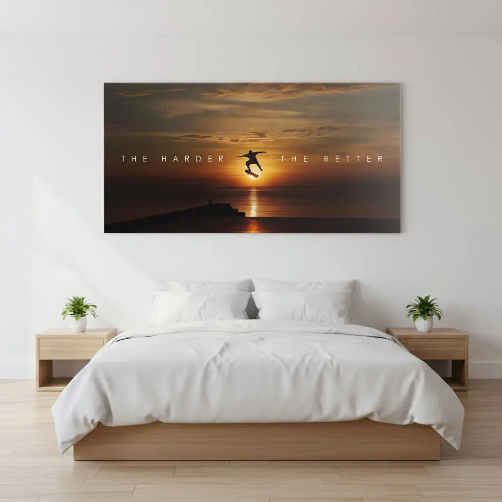 High-contrast inspirational canvas art featuring extreme sport action during twilight: Action Sports - The Harder The Better.