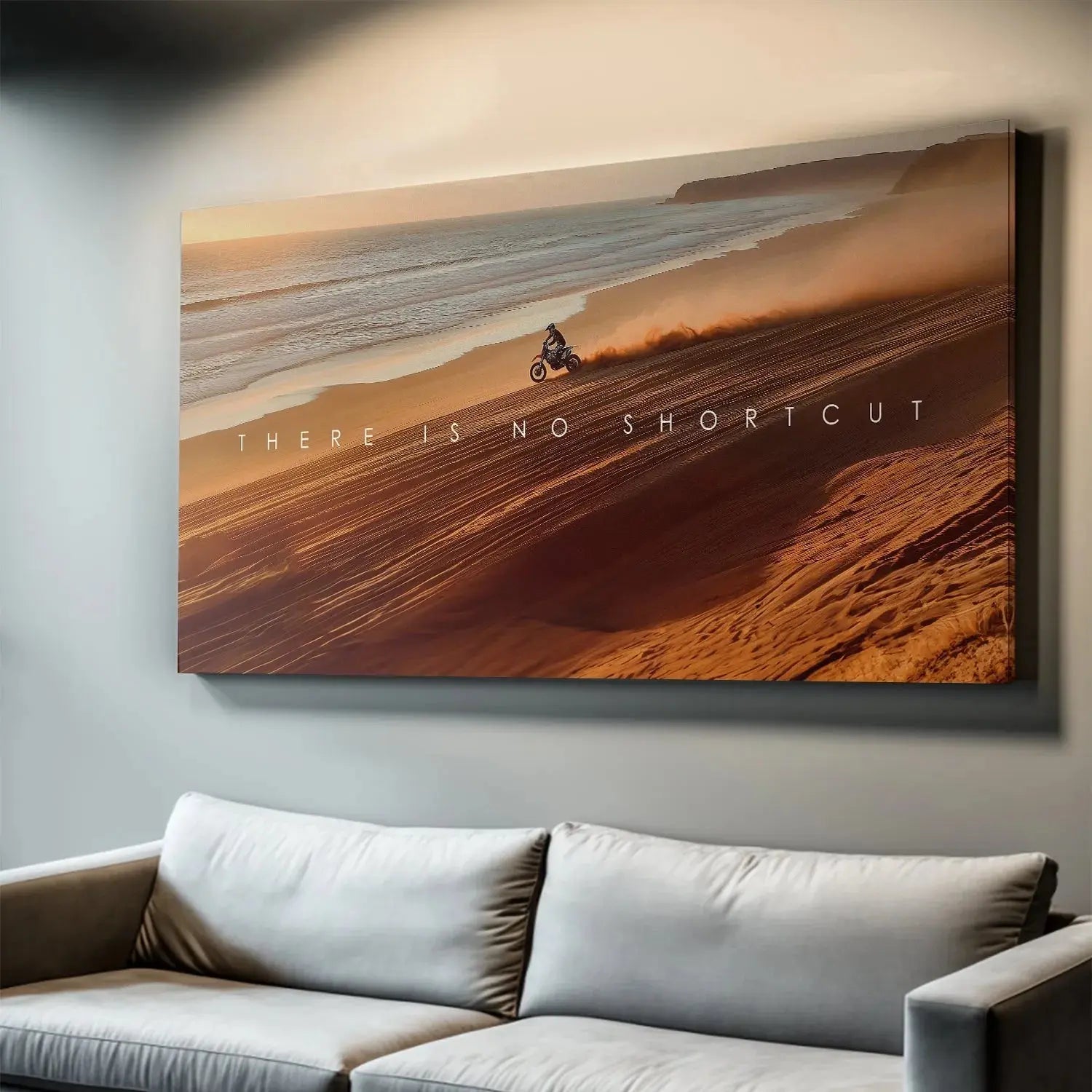 Golden hour lighting illuminating the scenic coastline landscape, emphasizing the grit of 'Action Sports - There Is No Shortcut'.
