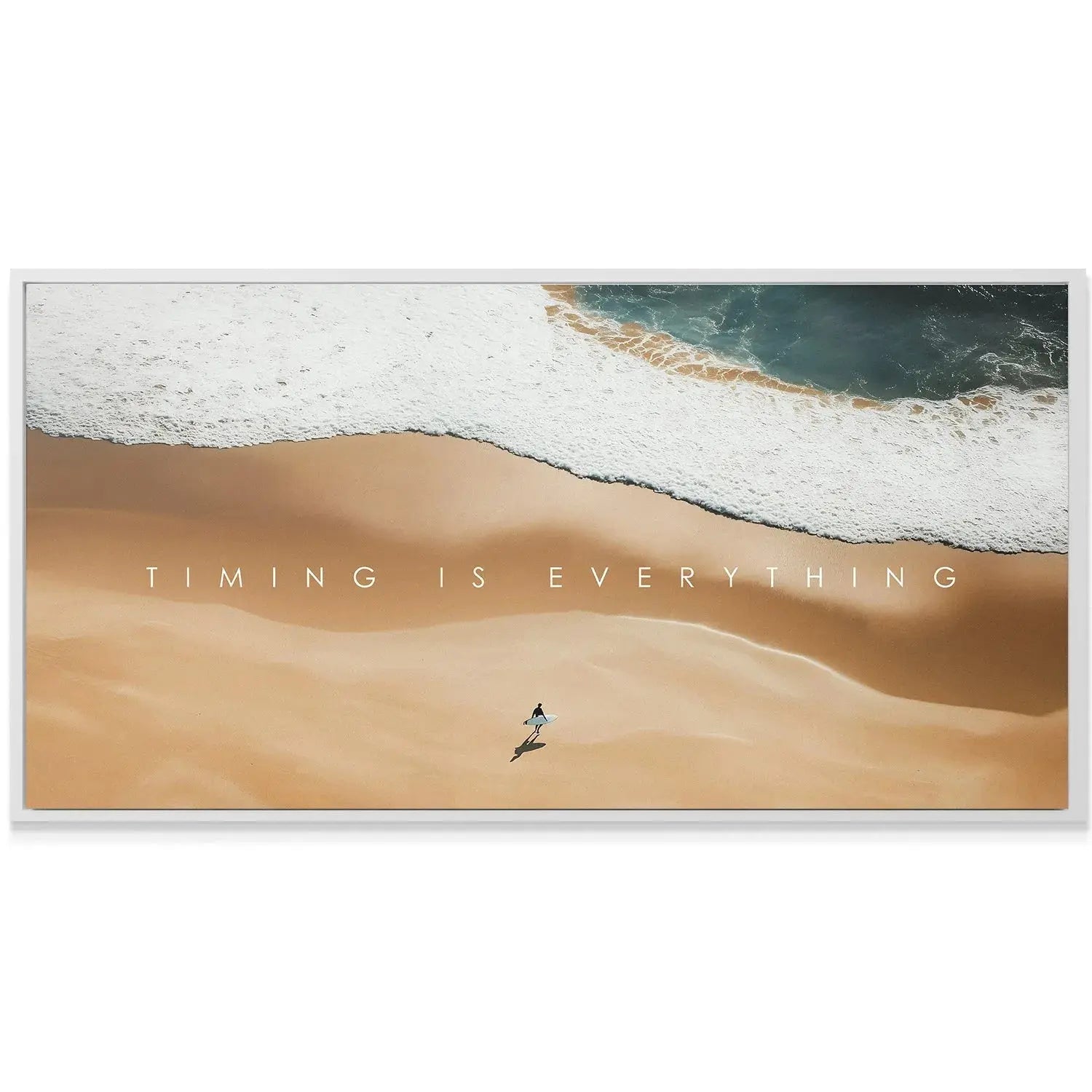 Wide-angle shot showing the vast coastline and lone figure, titled Action Sports - Timing Is Everything.