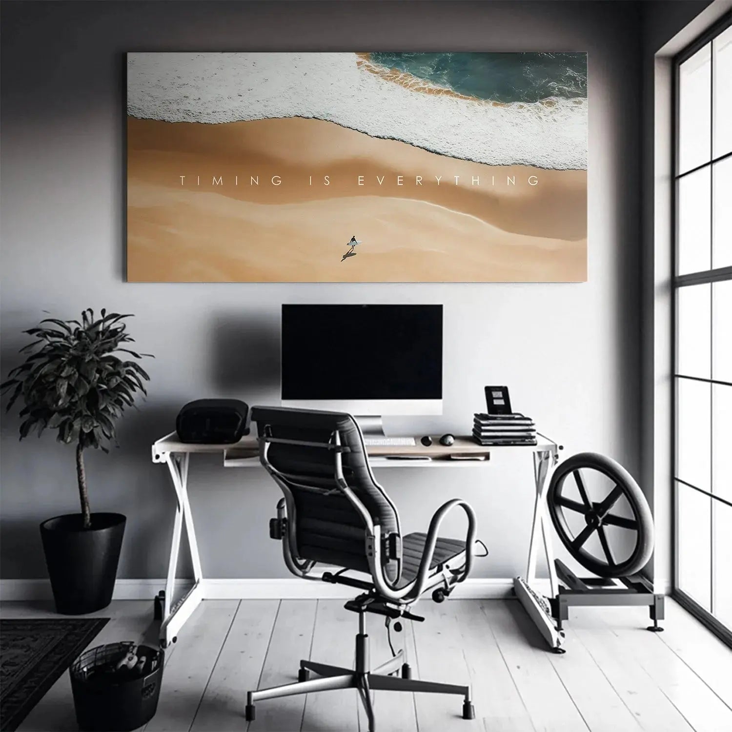 Inspirational view of a surfer walking toward powerful waves, embodying Action Sports - Timing Is Everything.