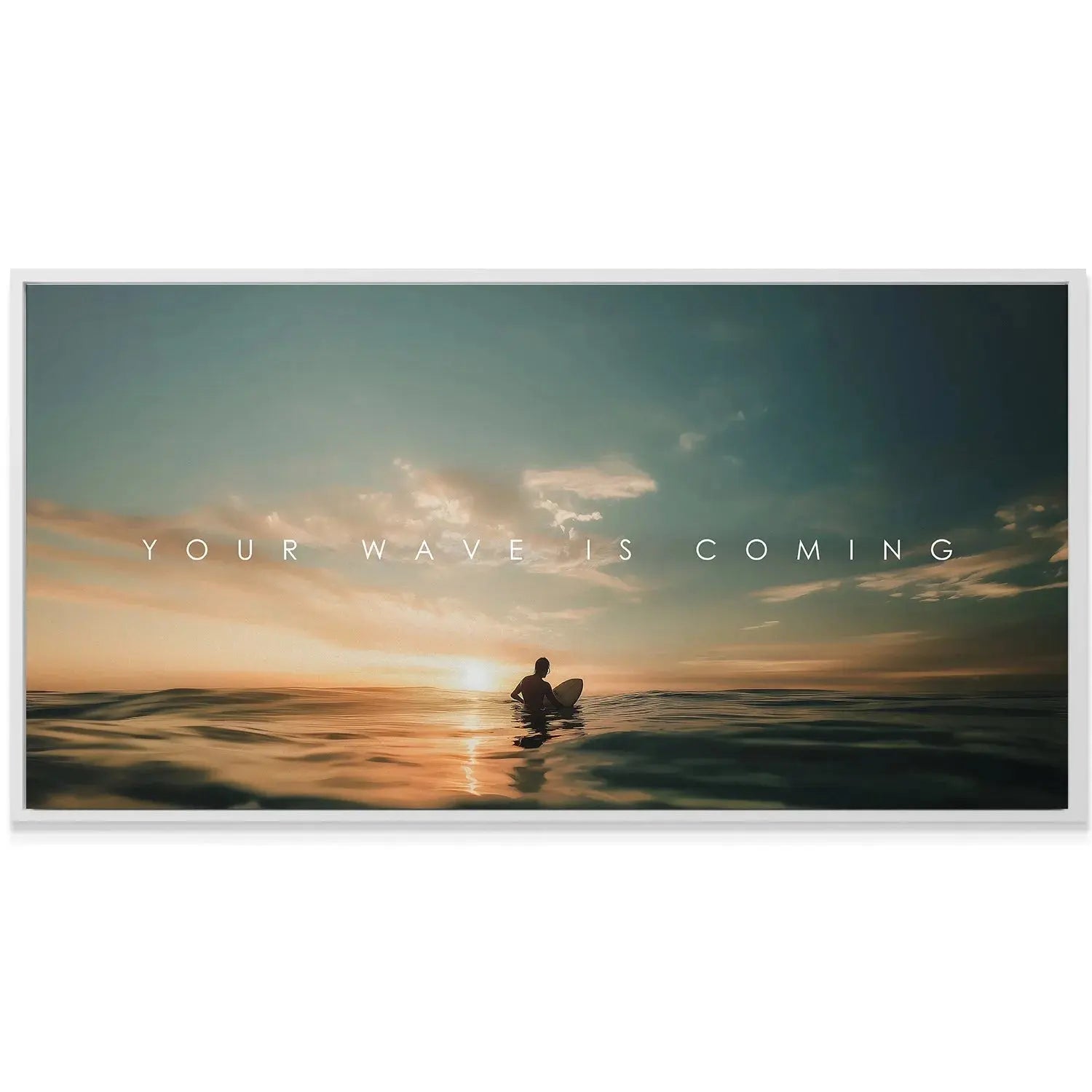 Wide panoramic view of ocean and sky featuring the text, Action Sports - Your Wave Is Coming.