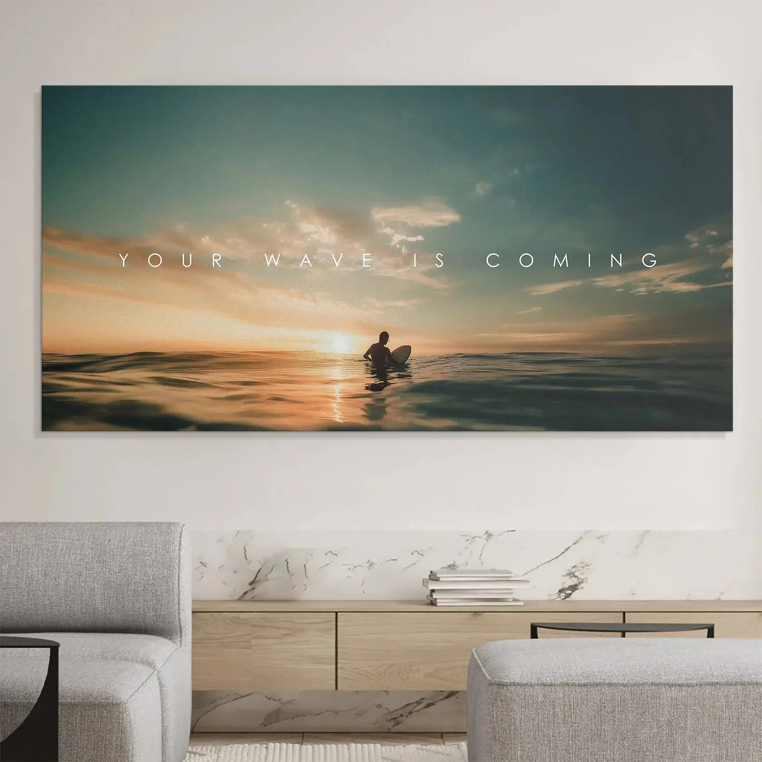 Lifestyle image of motivational surfing artwork, Action Sports - Your Wave Is Coming, mounted on a modern wall.