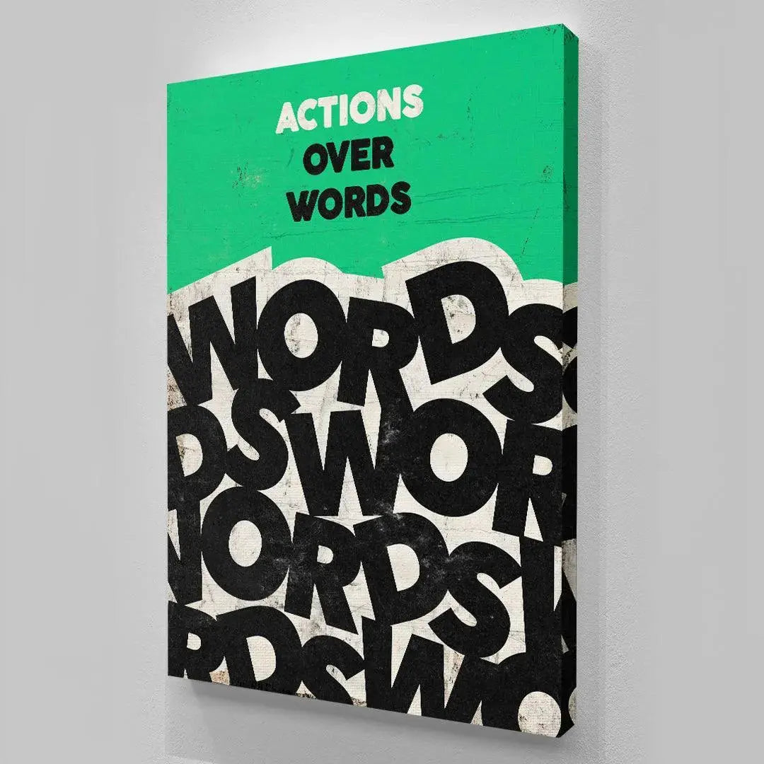 Motivational gym decor featuring the 'Actions Over Words' phrase above workout equipment.