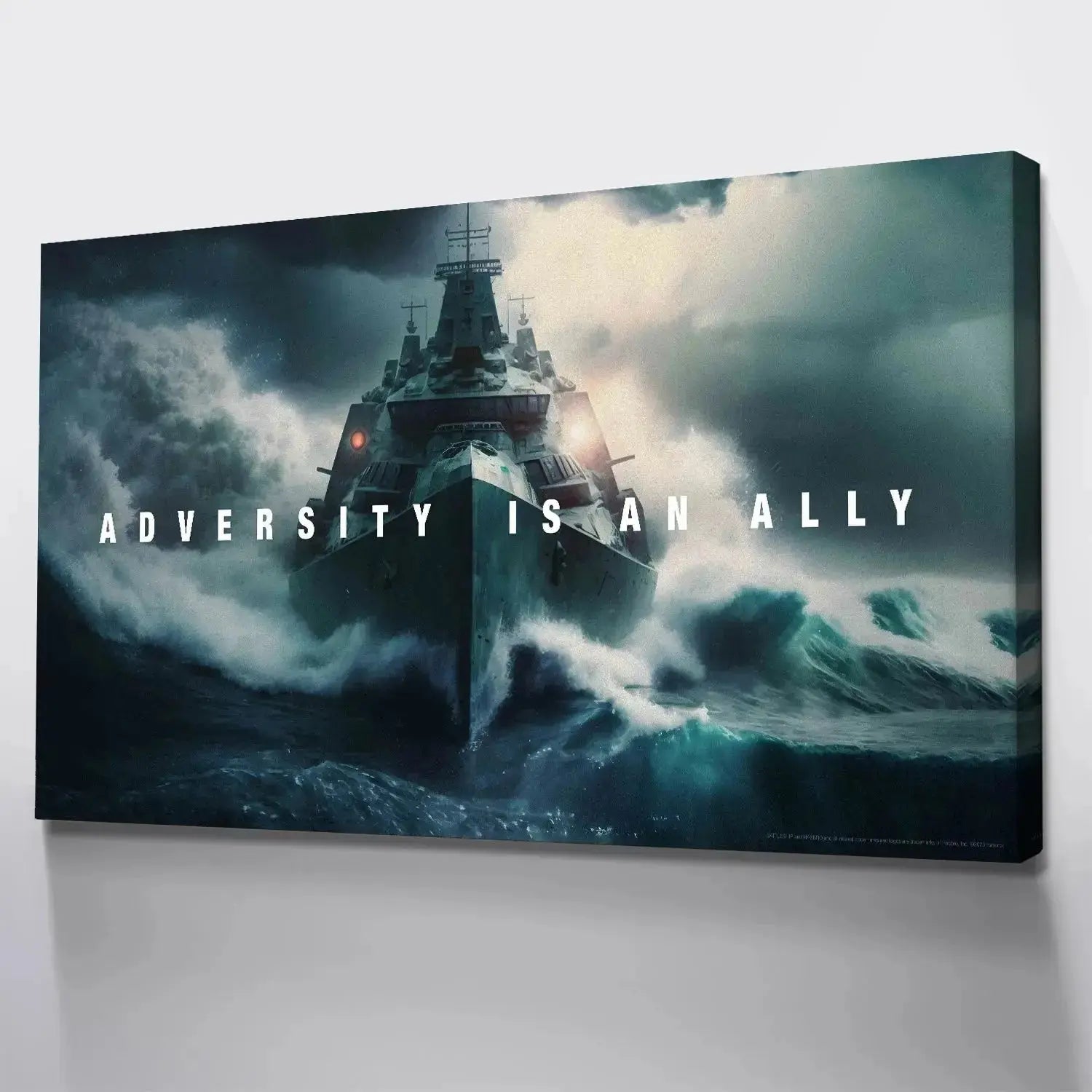 Image showing the dark, dramatic cloud cover and ominous lighting effects above the ship, reinforcing that Adversity Is An Ally.