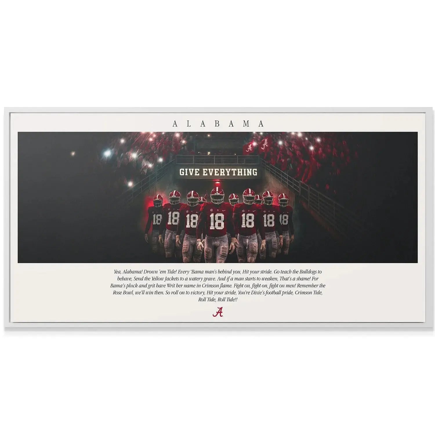 Wide-angle shot of the motivational poster capturing all the lyrics of the Alabama - Fight Song print.