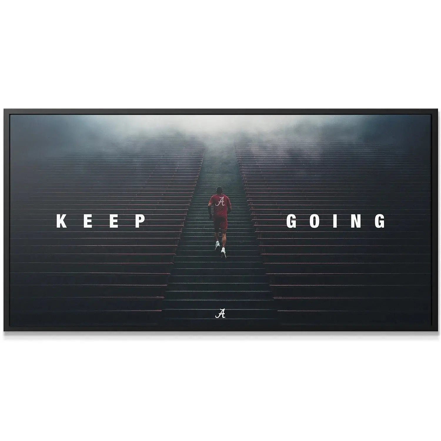 Close-up detail of the runner's determined posture ascending the infinite flight of stairs in 'Alabama - Keep Going - Stairs - V2'.