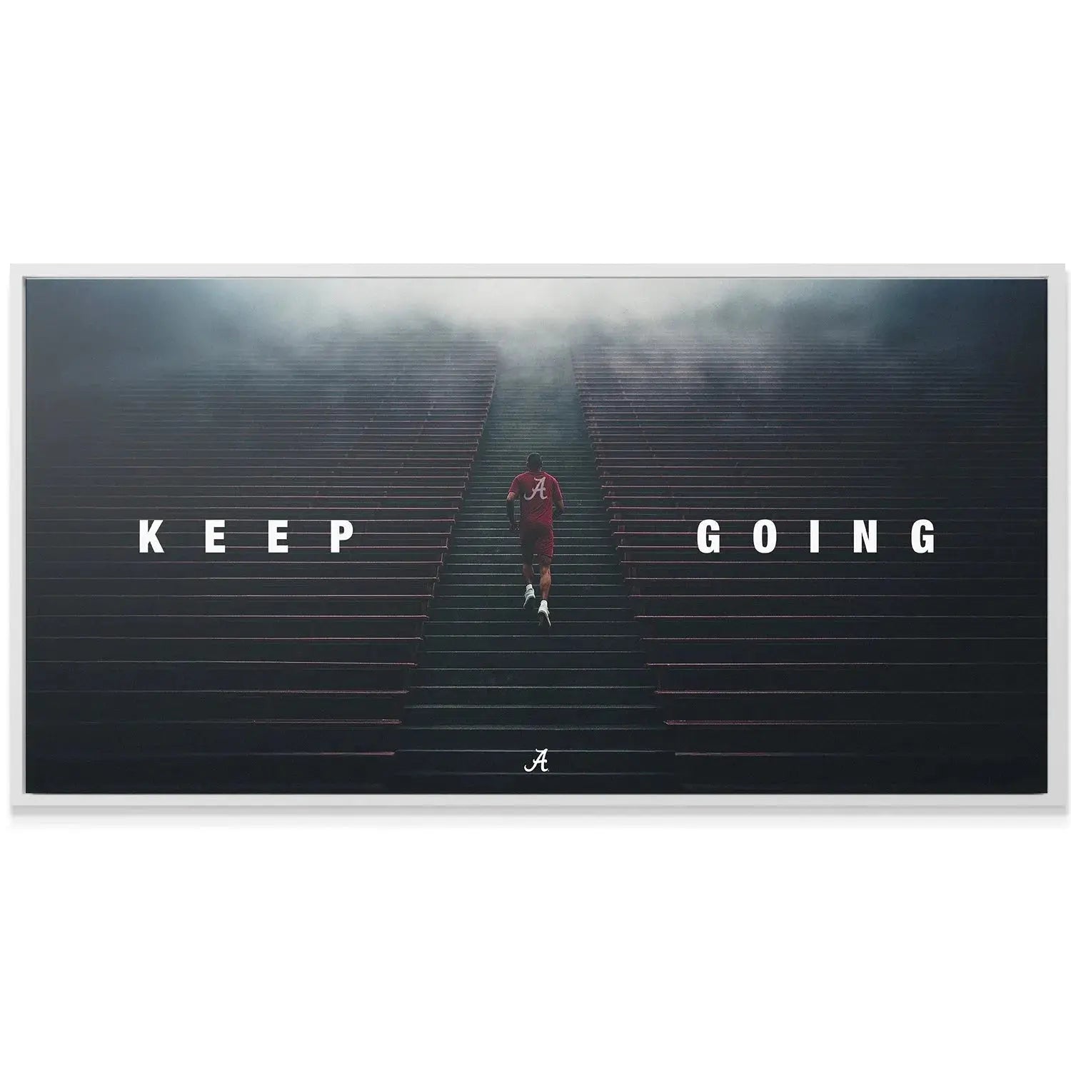 Lifestyle shot showing the 'Alabama - Keep Going - Stairs - V2' print mounted above a desk, inspiring focus and dedication.