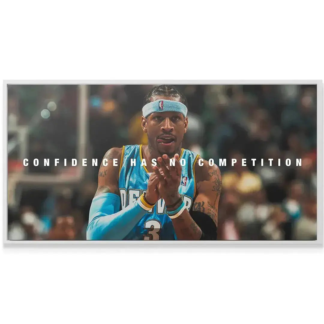 Lifestyle mock-up showing the canvas hanging in a modern living room featuring 'Allen Iverson - Confidence Has No Competition'.