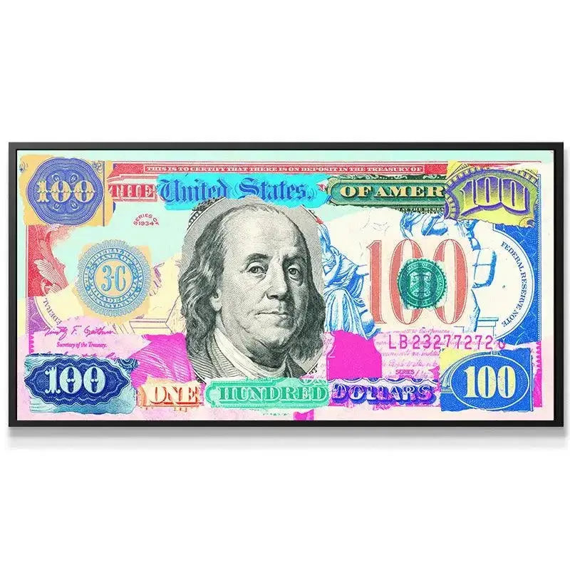 Full horizontal view of the Almighty Dollar canvas print, showing the intense neon pink and blue color scheme.