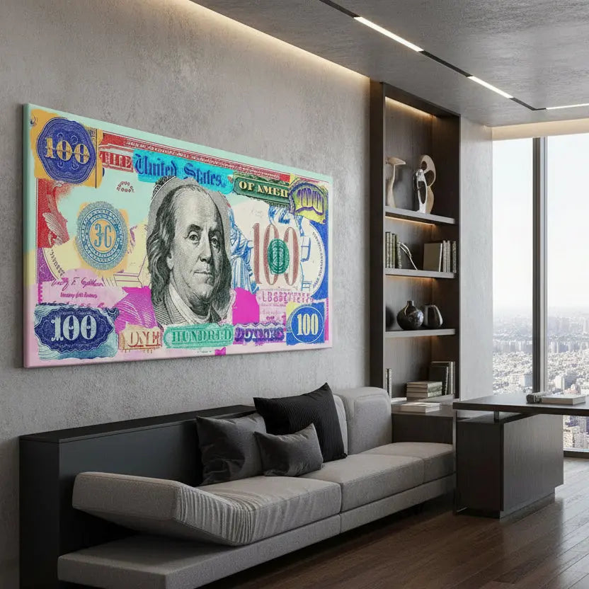 Lifestyle shot of the large-scale Almighty Dollar print hanging above a modern, minimalist sofa.