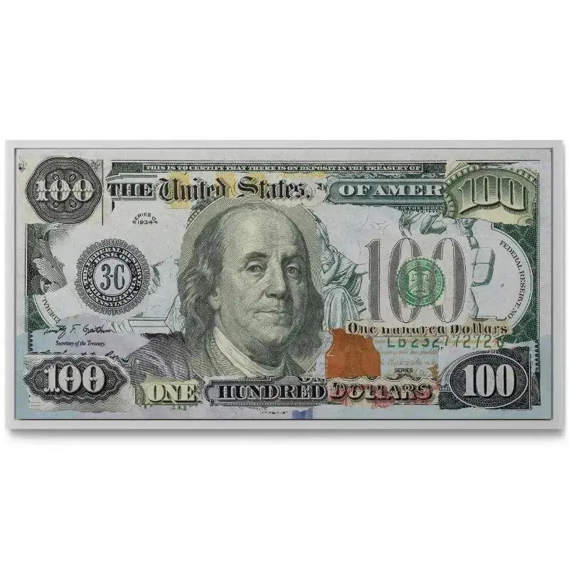Angle view showing the light reflection on the Benjamin Franklin portrait in the 'Almighty Dollar Original' piece.