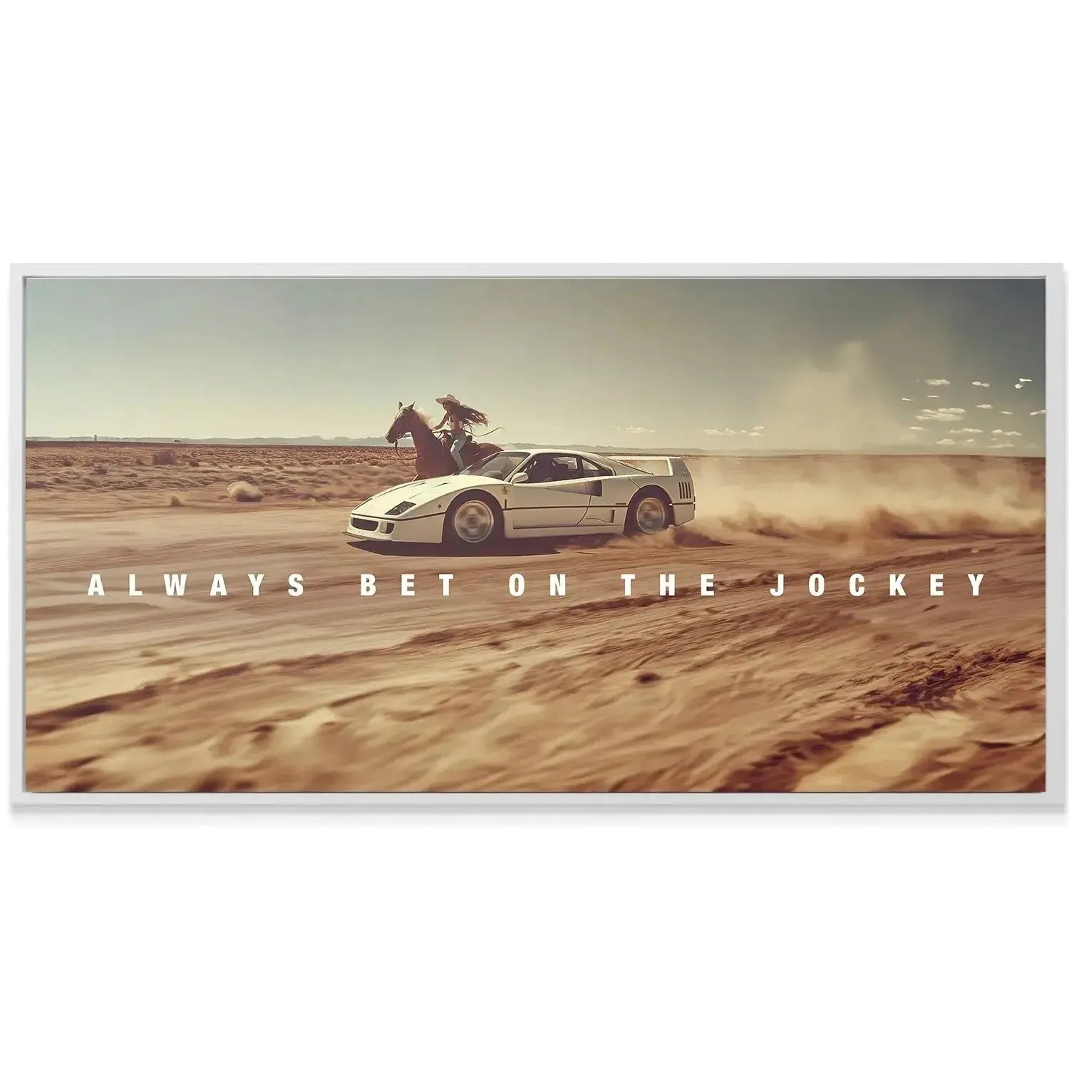 Detailed shot of the horseback rider challenging the supercar in the Always Bet The Jockey poster.