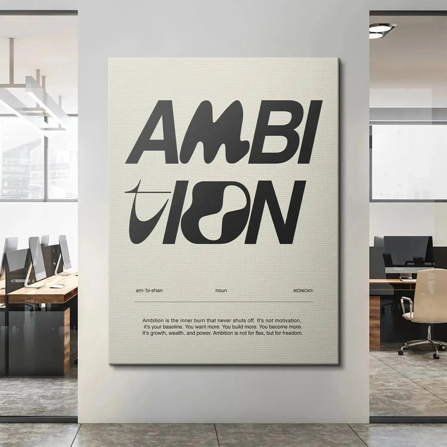 Lifestyle view: The framed Ambition Definition - Light print displayed prominently above a minimalist office desk setup.