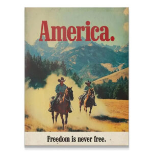 Vintage poster angle of two cowboys riding through dust, titled America Marlboro - Ad 5.