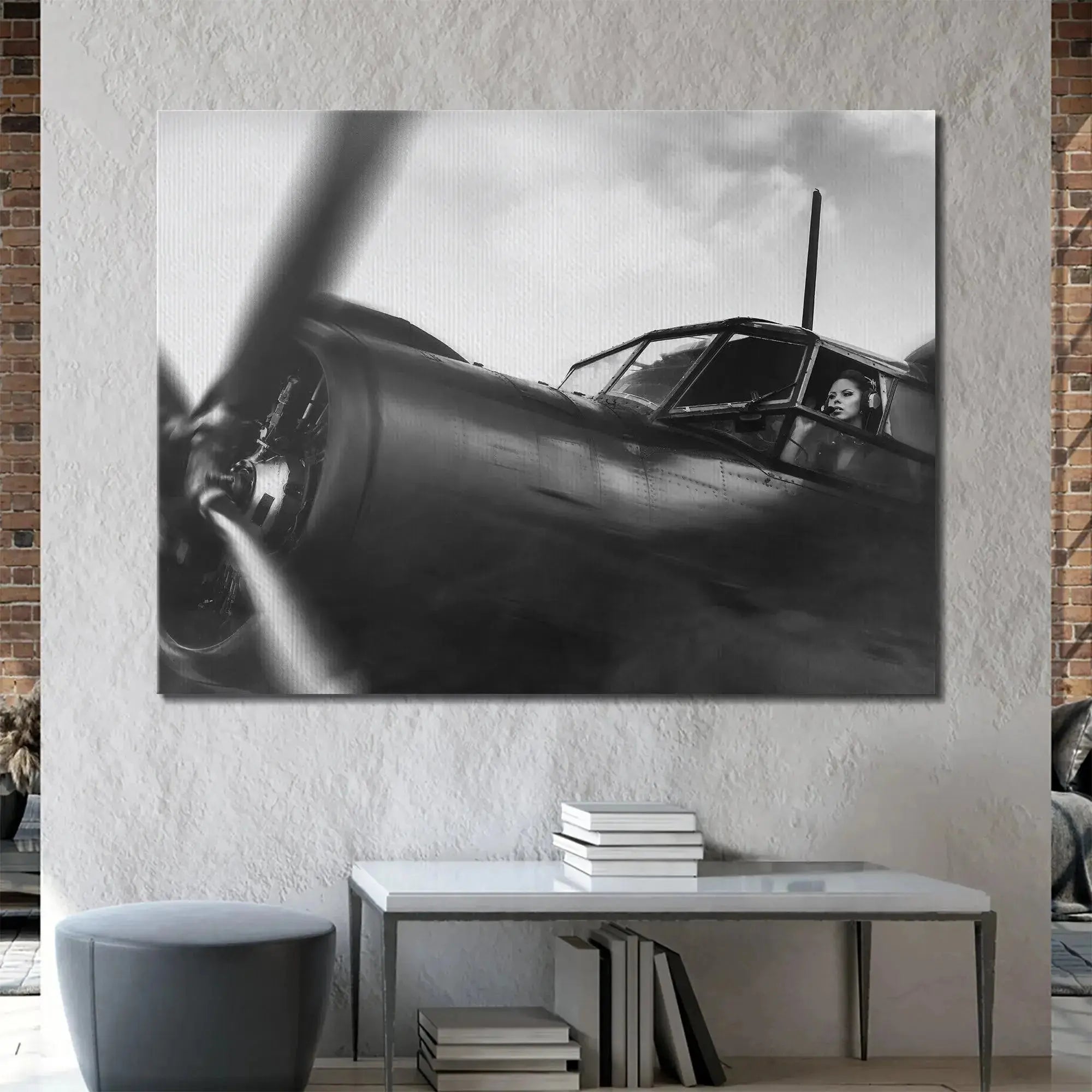 Black and white fine art print showcasing the detailed, riveted metal skin of the American Aviator's aircraft.