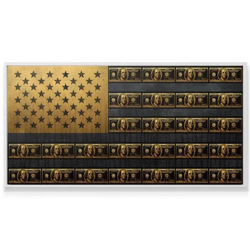 Detailed texture shot showing the replicated $100 bills used in the stripes of the American Dream Gold Edition artwork.