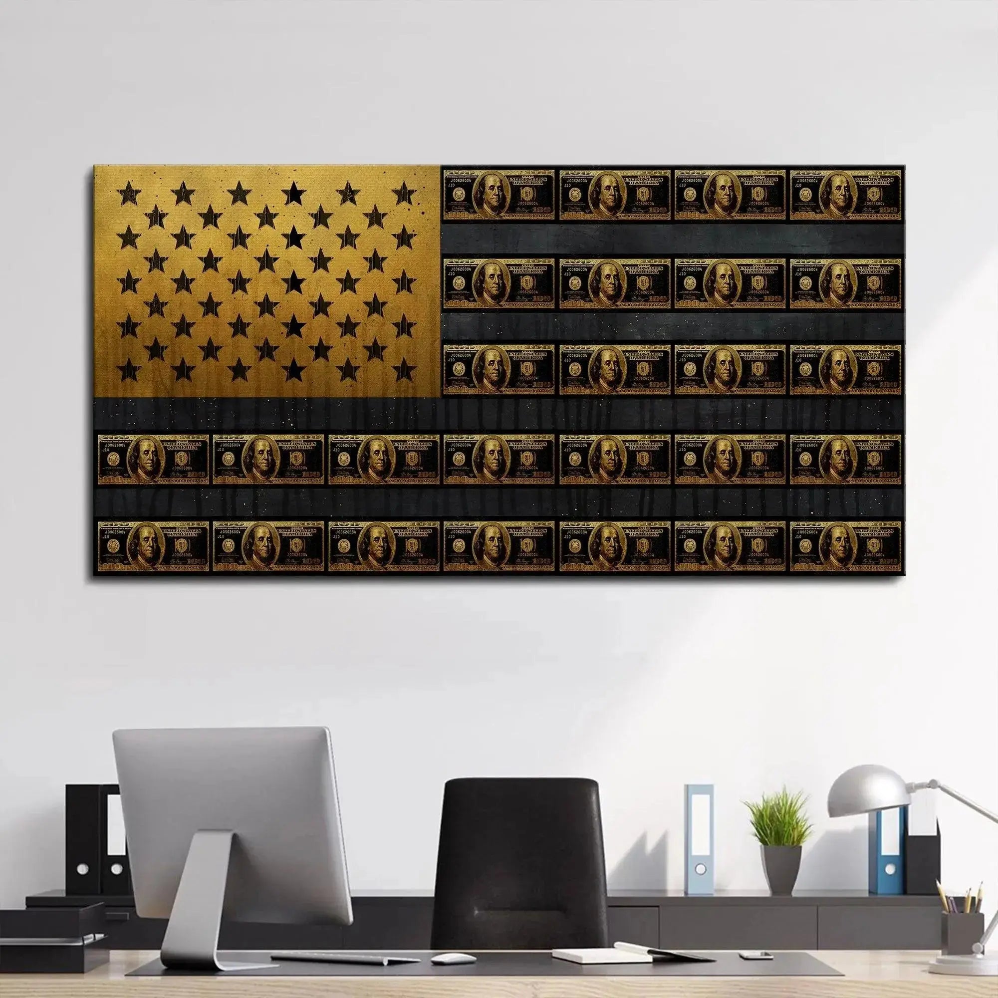 Wide shot showing the American Dream Gold Edition canvas hanging as a centerpiece in a modern, minimalist living room.