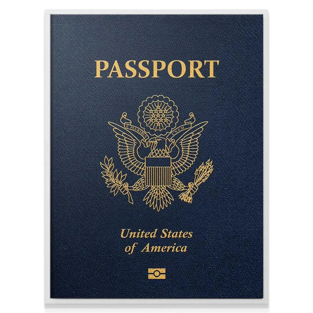 Vertical full-frame shot of the front cover of the official American Passport.