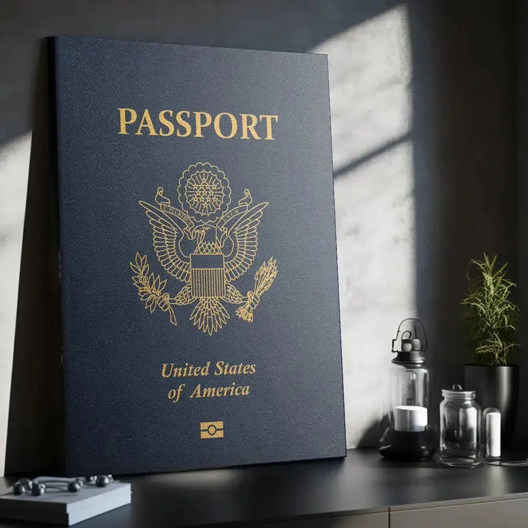 Angled side perspective highlighting the thickness of the closed American Passport document.