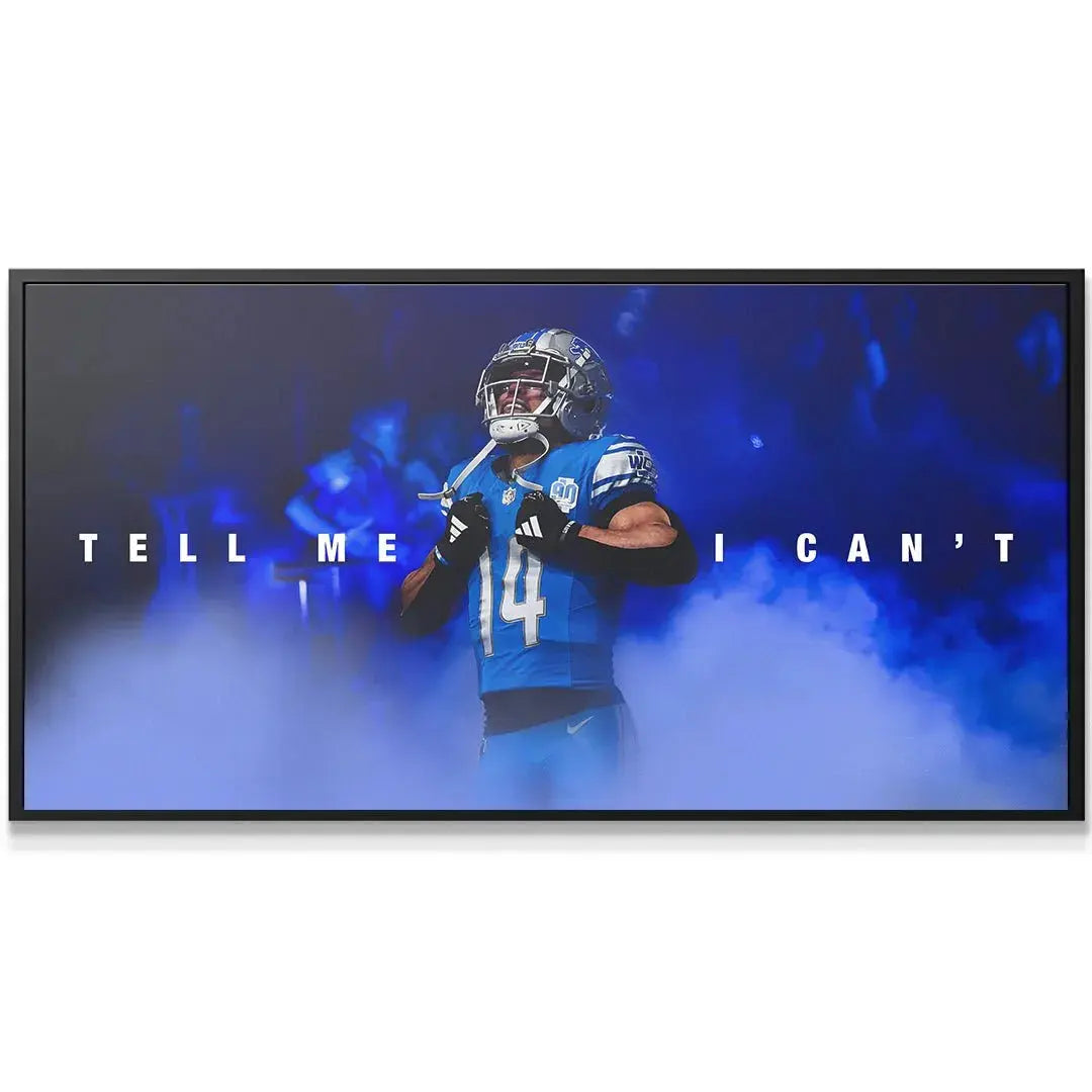 Close-up shot of the athlete's determined facial expression on the Amon Ra St. Brown - Tell Me I Can't motivational print.
