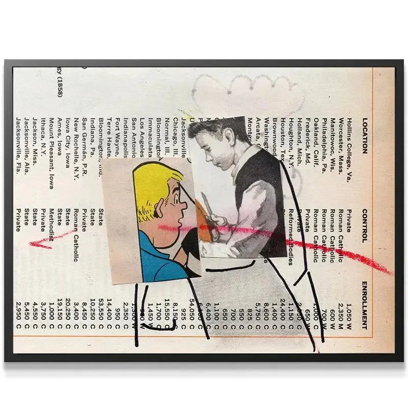 Conceptual art piece 'Andy And His Apprentice' featuring layered vintage document clippings as the background texture.