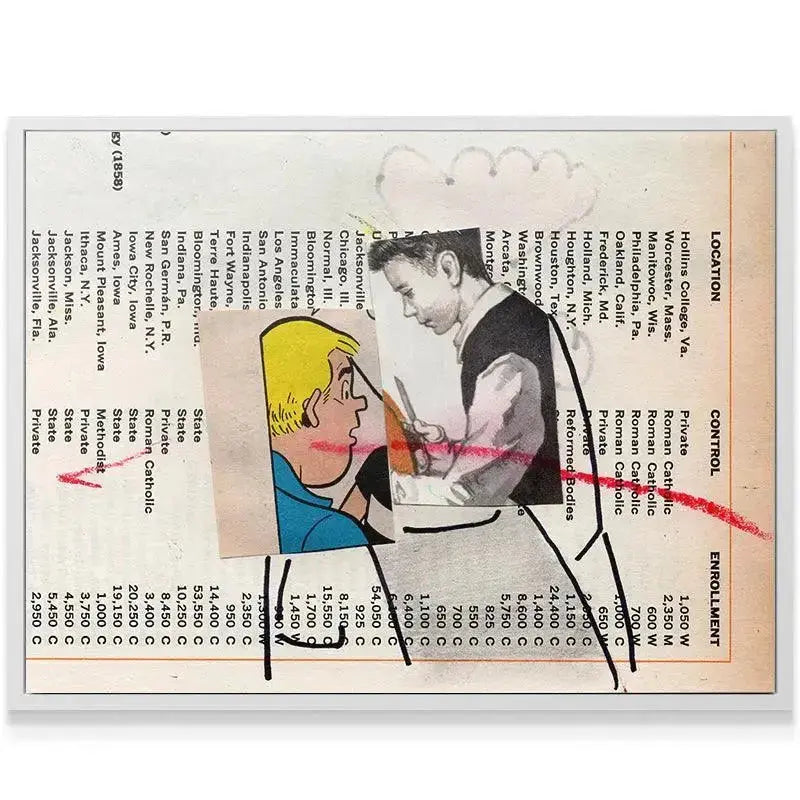 Detailed shot of the red and black expressive lines drawn across the collage 'Andy And His Apprentice'.
