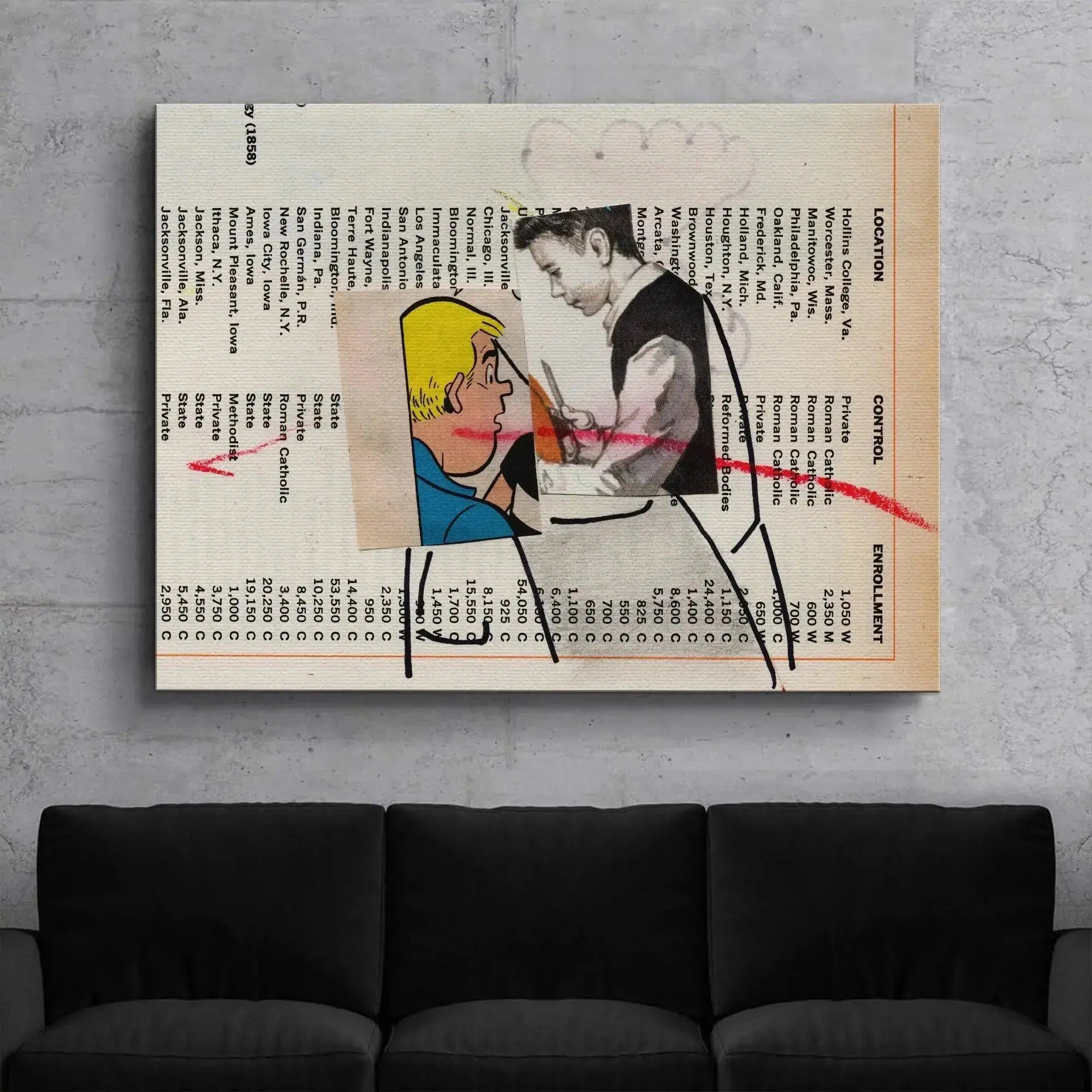 Full view of the square format modern art titled 'Andy And His Apprentice' on a white wall.
