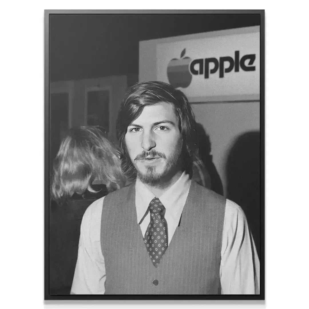 Monochrome canvas depicting the early entrepreneurial era of the Apple co-founder.