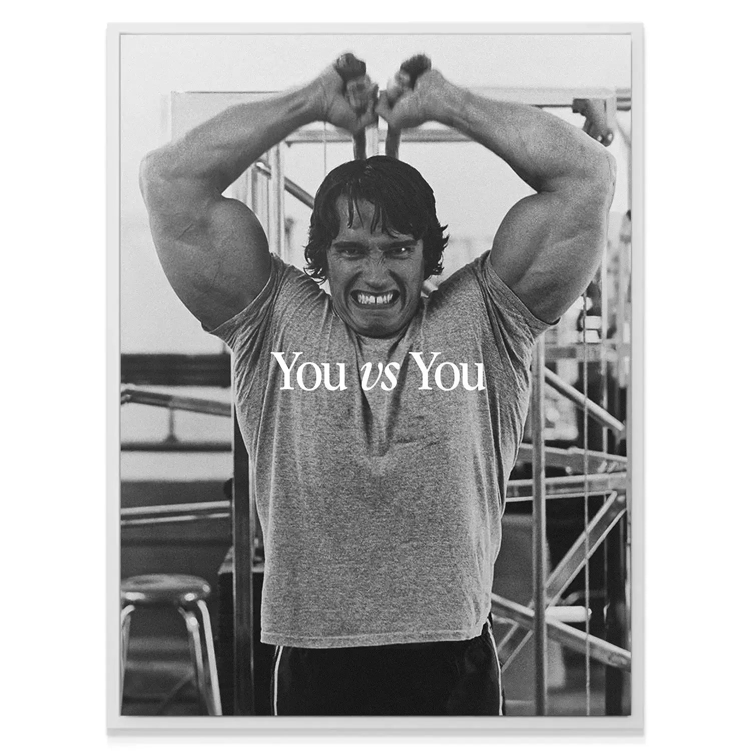 High contrast close-up of Arnold's massive biceps and triceps muscles demonstrating effort in the 'Arnold - You vs You' image.
