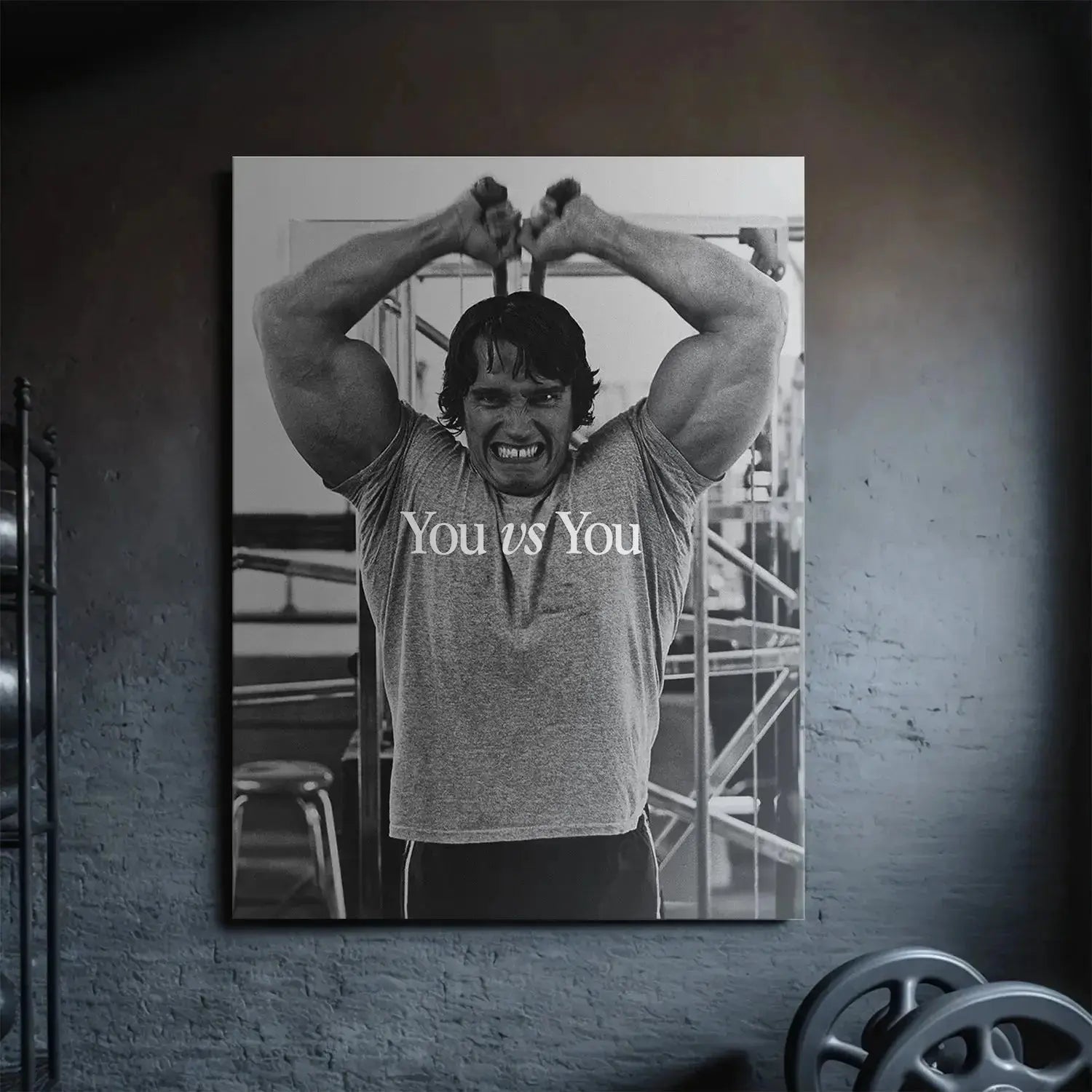 Low angle view capturing the dramatic scale and intensity of the workout moment in 'Arnold - You vs You'.