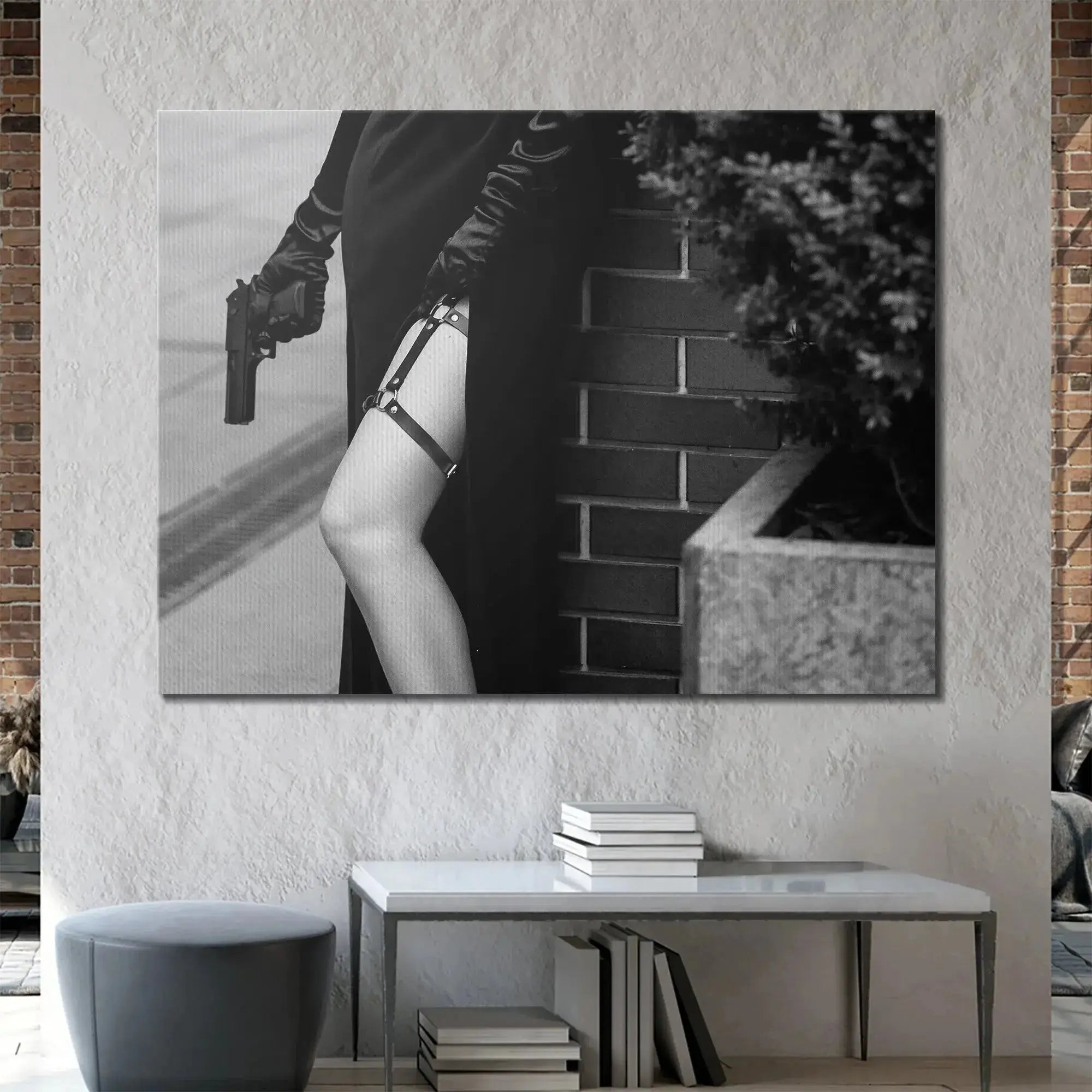 Texture contrast between the rough brick wall and the subject in the suspenseful artwork 'Around The Corner'.