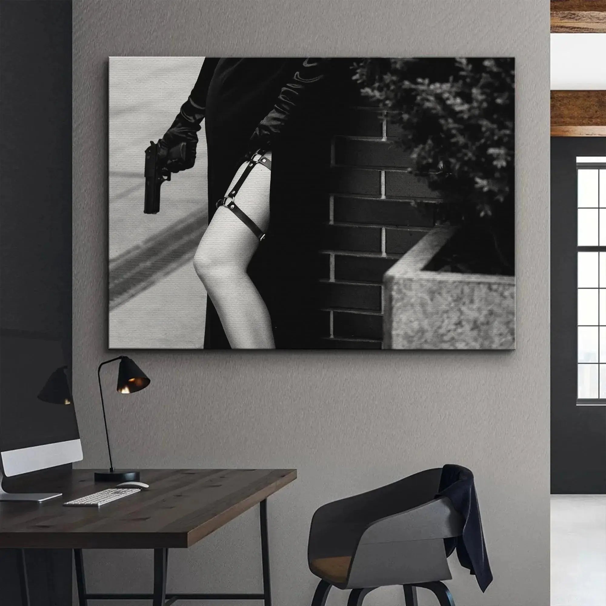 Lifestyle view of the clandestine spy action captured in the high-stakes print 'Around The Corner'.