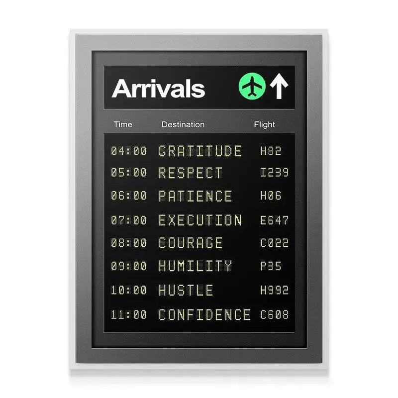 Textured detail of the digital font showing the 10:00 Hustle entry on the Arrivals board.
