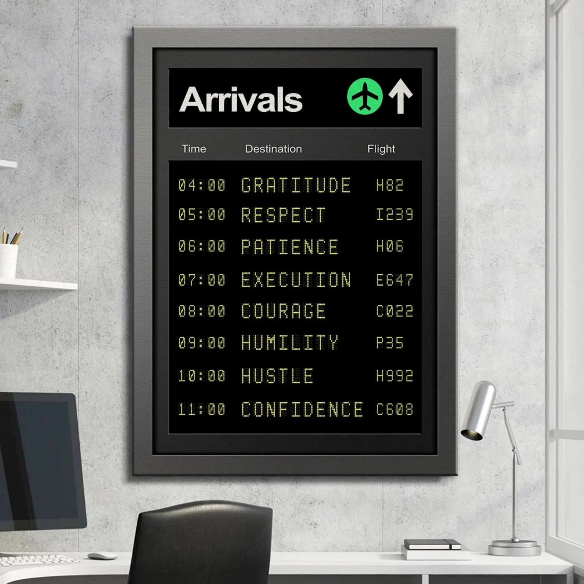 Angle view emphasizing the contrast between the black board and the bright yellow 'Arrivals' text.
