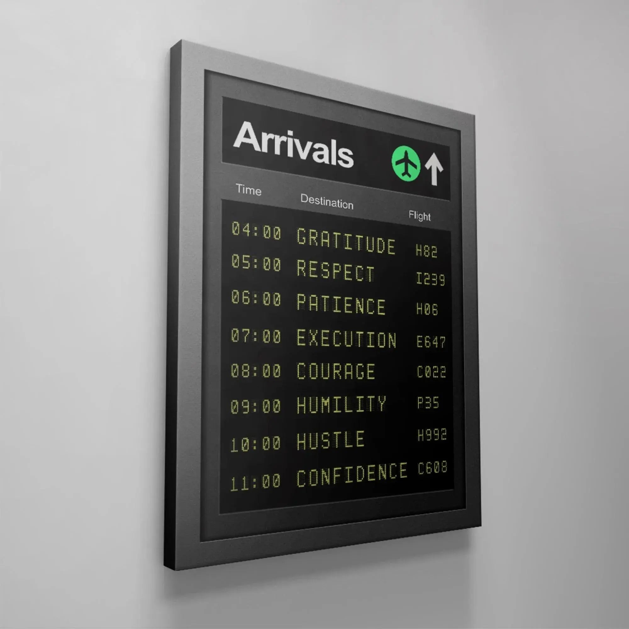High-resolution capture of the entire list of daily virtue 'Arrivals' with corresponding flight codes.