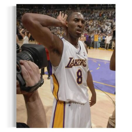 Close-up detailed Artwork of Kobe Bryant sweat and intensity on his face, wearing #8 Lakers jersey.