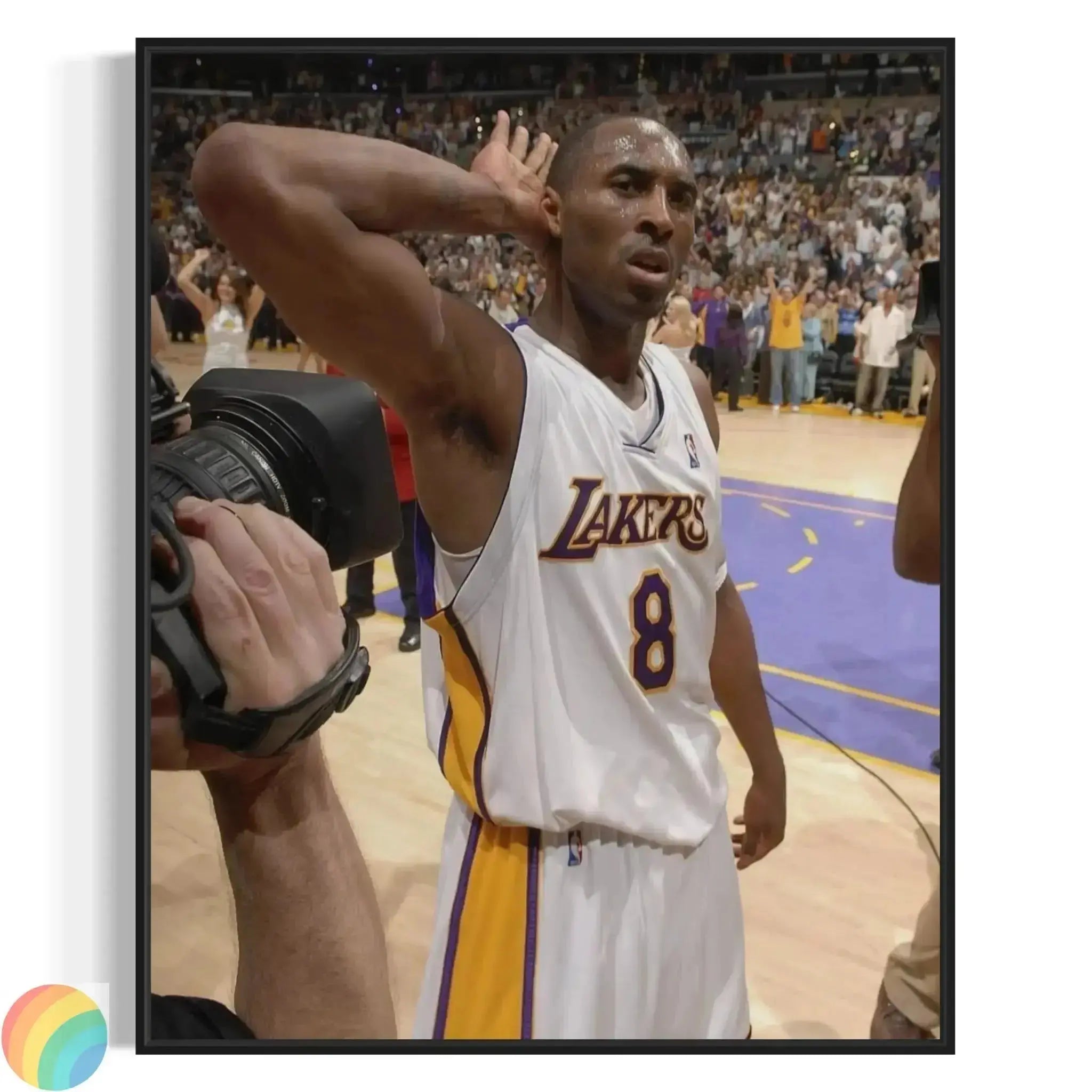 Wide angle Artwork of Kobe Bryant showing the crowded stadium background and bright court lights.