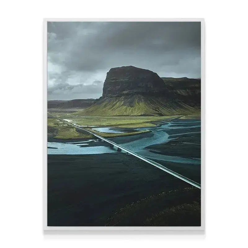 Detailed view of the winding glacial river flow and dark delta in the 'Ashland' scene.