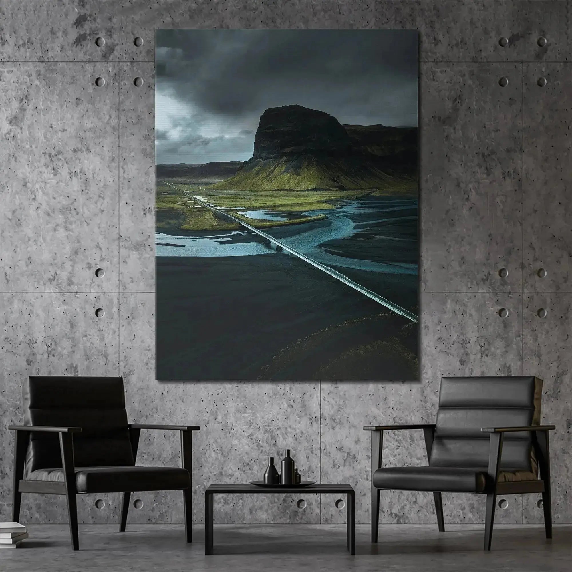Long shot of the minimalist white bridge extending across the river in 'Ashland' canvas.