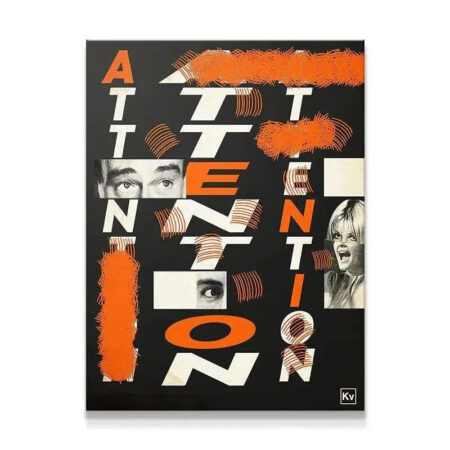 Full view of the bold black and orange Attention graphic art print on a gallery wall installation.
