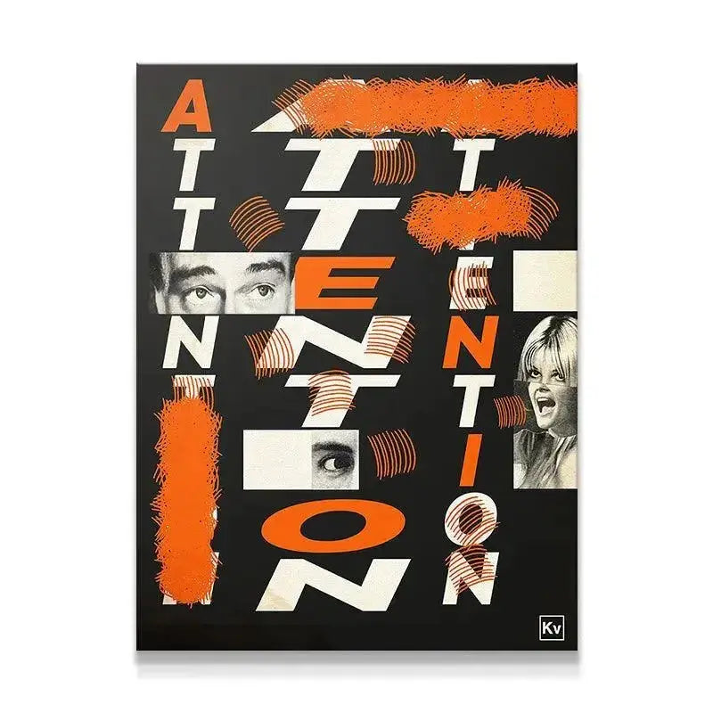 Full view of the bold black and orange Attention graphic art print on a gallery wall installation.