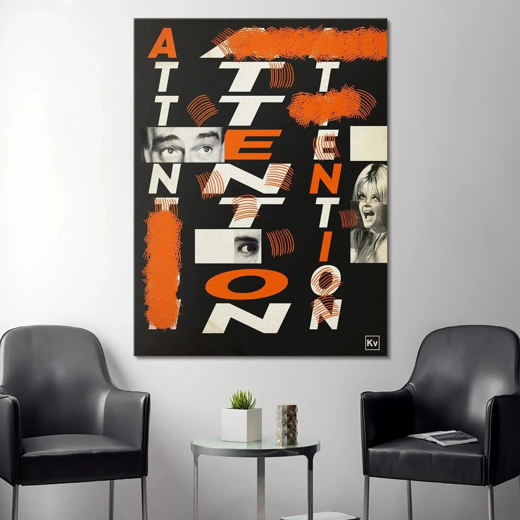 Upper section of the Attention artwork revealing the male eyes cutout embedded within the chaotic typography.