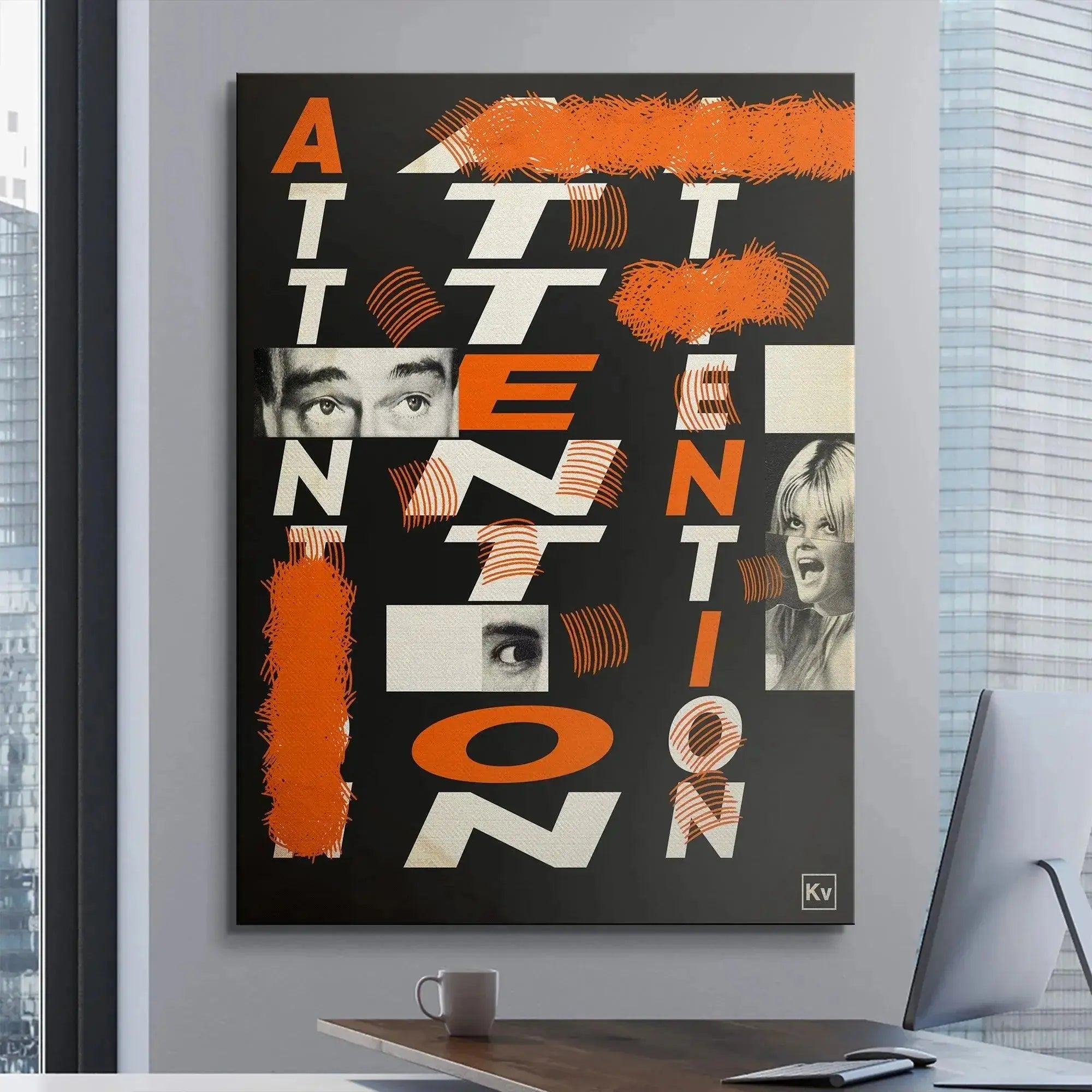 The lower half of the Attention collage featuring the shouting woman and the large 'O' and 'N' block letters.