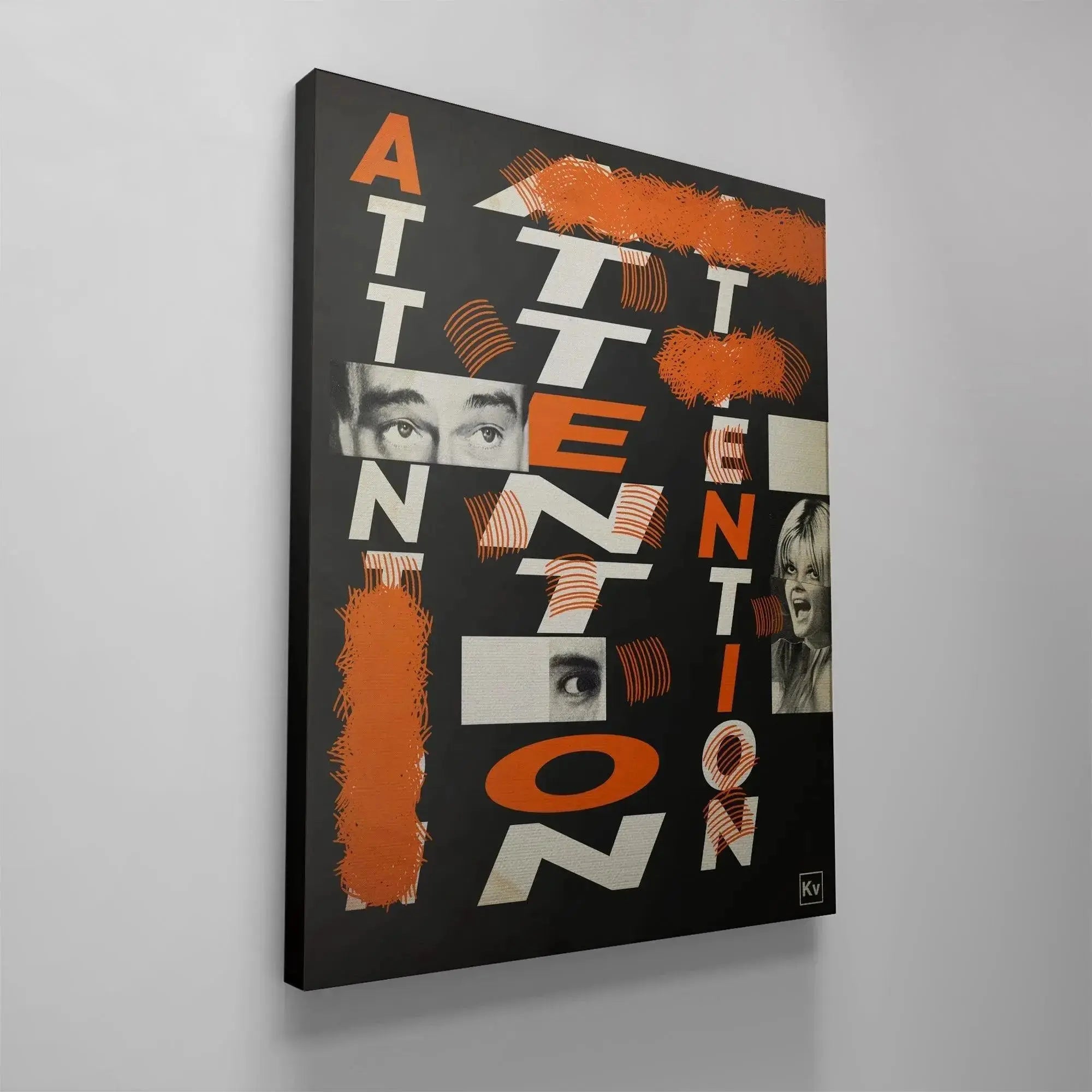 Digital mock-up of the Attention poster displayed in a brightly lit modern living room interior setting.