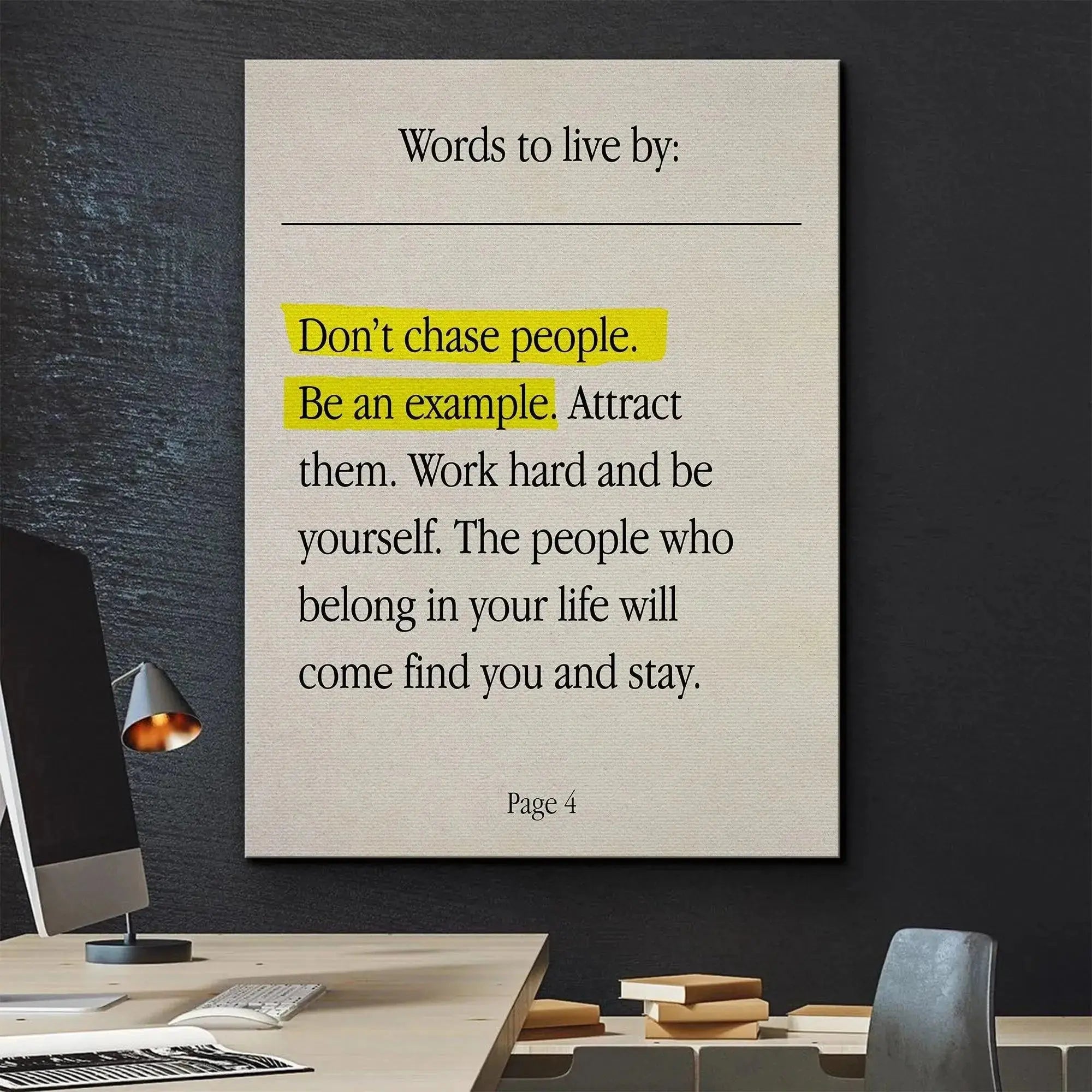 Motivational wall art angled view, showing the crisp typography that helps Attract meaningful connections.