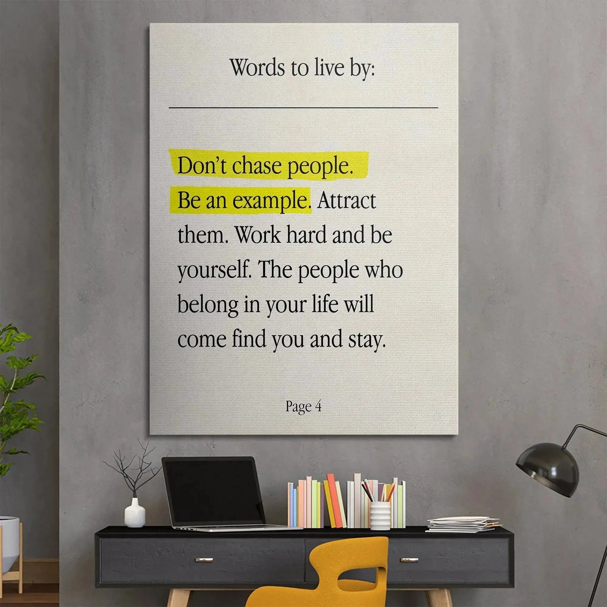 Lifestyle shot: Attract print hanging above a modern desk setup in a home office.