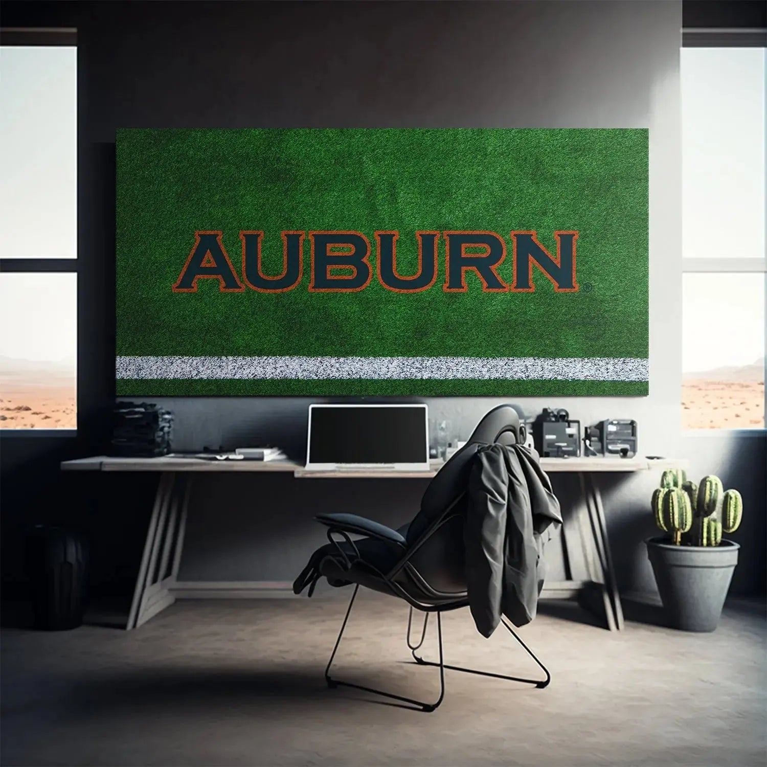 Image capturing the stark contrast of the white painted yard line beneath the Auburn - Field Logo.