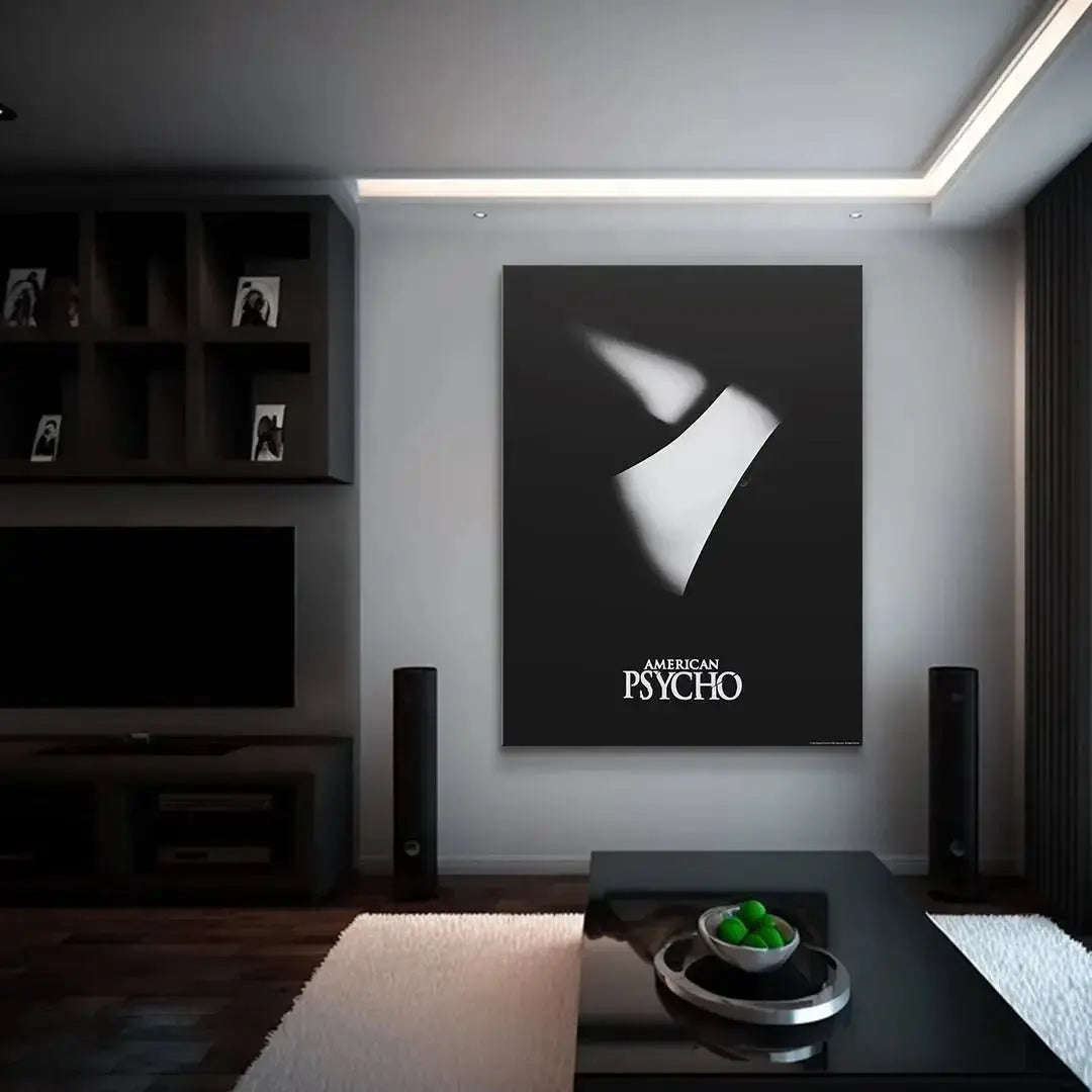 Detail of the curved edge of the stylized movie Axe graphic against deep shadow.